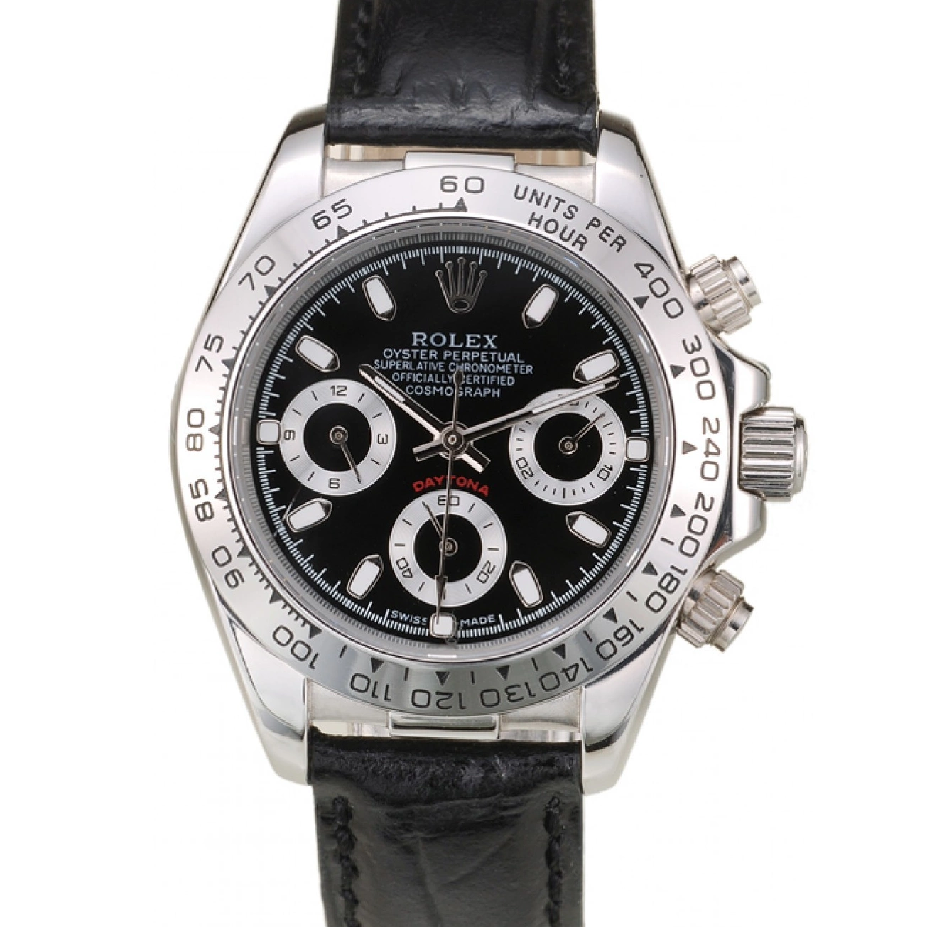 Aaa replica watch Black Tachymeter Strap Rolex Dial Black Lady Daytona Case Leather Steel Stainless 0514